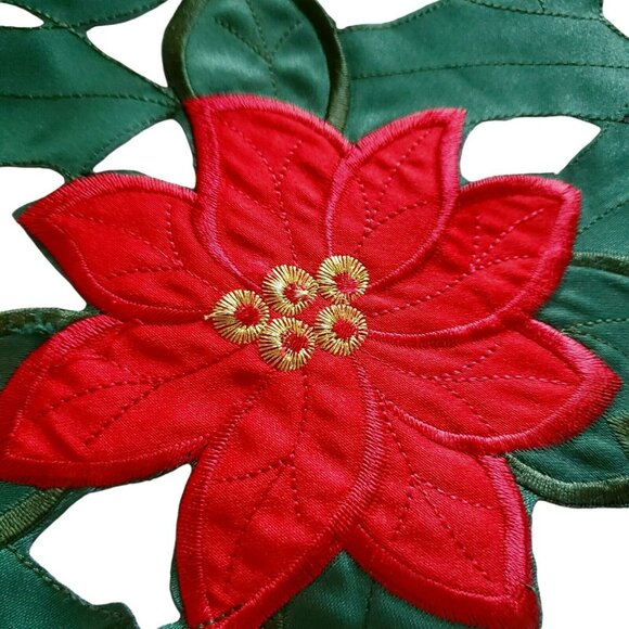 Poinsettia Table Runner Holiday Christmas Floral Cut Out Embroidery Mantel Decor - Picture 4 of 7